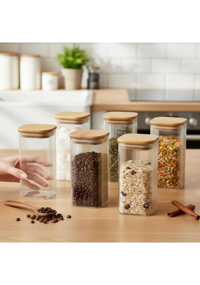 Lexroo 6'lı Set 425 Ml Bambu Kapaklı Kare Cam Kavanoz Çok Renkli