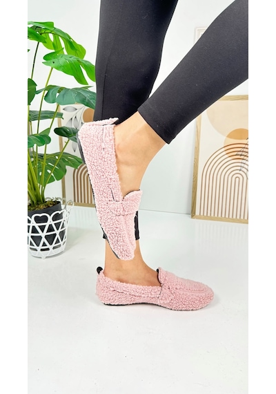 Günlük Kadın Loafer Peluş Astarlı Oval Burunlu Alçak Desenli Tabanlı Ayakkabı 375 Pudra