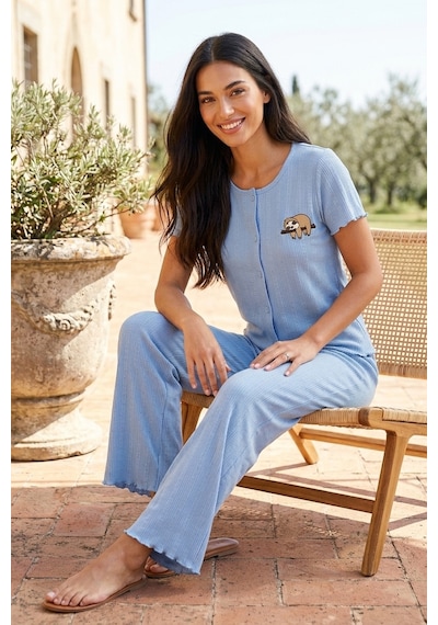 Aura Collections Kadın Ayıcık Desenli Bambu Viskon Kısa Kollu Soft Örme Pijama Takımı Mavi