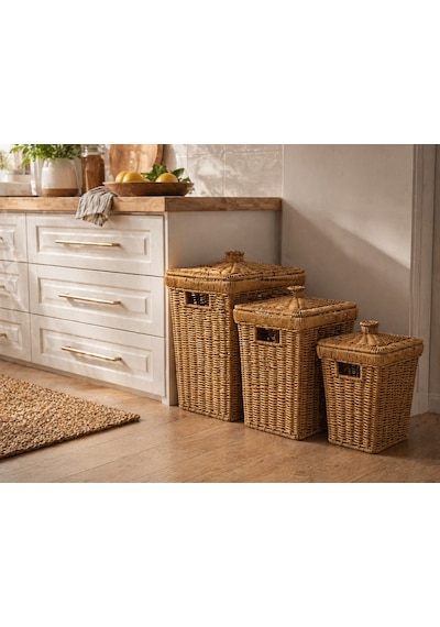 3 Lü Set 3 Boy Hasır Kapaklı Kare Patates Soğan Mutfak Sunum Sebzelik Örgü Sepeti Dekor Şemsiyelik Çok Amaçlı Açık Ahşap