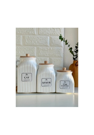 6 Parça Bambu Standlı Porselen 1000ml Yağdanlık Ve 3 Lu Çay Şeker Türk Kahve Kavanoz Seti Beyaz Beyaz