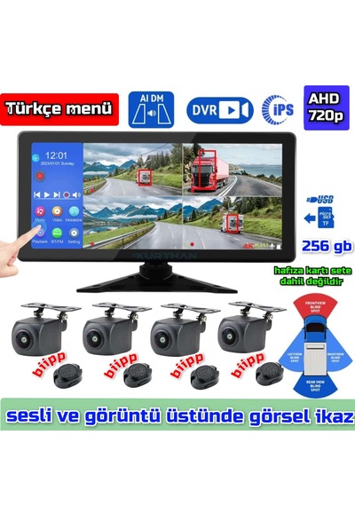 4 Adet Ahd 720p Nesne Tanımalı Sesli İkazlı Kamera Dvr Dokunmatik Monitör 12 Volt
