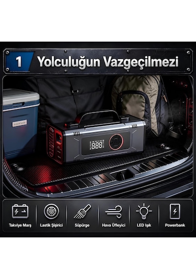 Prohummer Phm014 Jump Starter - Çok Fonksiyonlu 10u1 Arada Süpürgeli Kompresörlü Akü Takviye Cihazı 12000mah - Powerbank