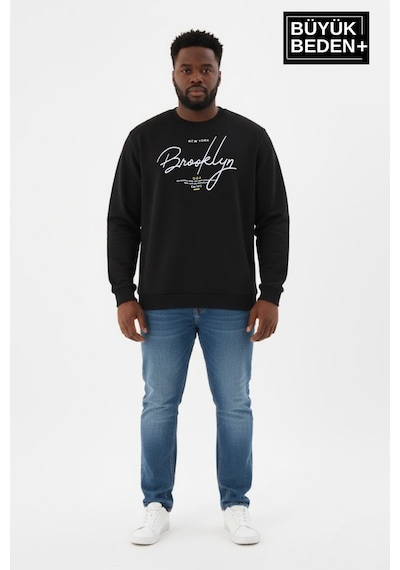 Süperlife Erkek Büyük Beden El Yazılı Brooklyn Baskılı Bisiklet Yaka İnce Sweatshirt Spr26bsw956-6 Siyah