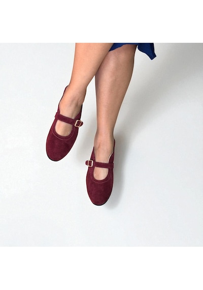 Ne&ve Shoes Bordo Süet Hakiki Deri Tokalı Kadın Babet
