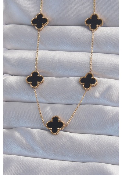 Ezoconcept 316l Çelik Gold Renk Siyah Mineli Yonca Kolye 001