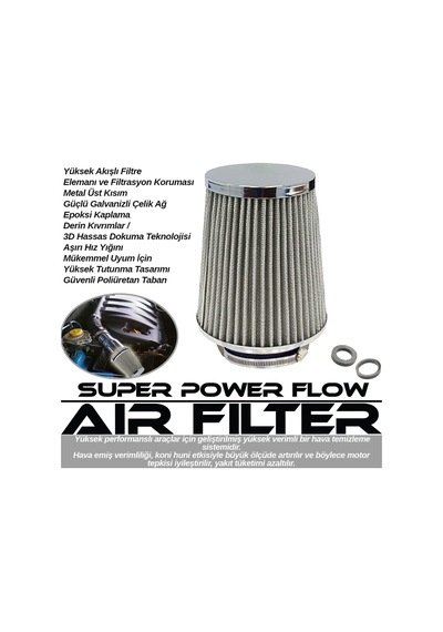 Carub Filtre Açık Performans Spor Tuning Koni Hava Filtresi Üniversal Yıkanabilir 2 Aparatlı Krom Gri 12x15cm BR4686103
