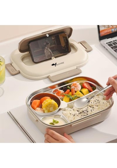 Valkyrie 1500 Ml Termal Yemek Kutusu 304 Paslanmaz Çelik Sızdırmaz Isı Yalıtımlı Çantalı I Telefon Tutuculu Krem
