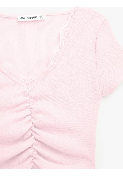 Koton Bürümcük Kumaş Dantelli Slim Fit V Yaka Büzgülü Tişört Pembe 6sal10641ık Gül