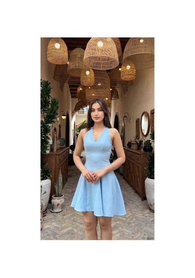 Moda Banuş V Yaka Mavi Slim Fit Mini Elbise-dar Kalıp
