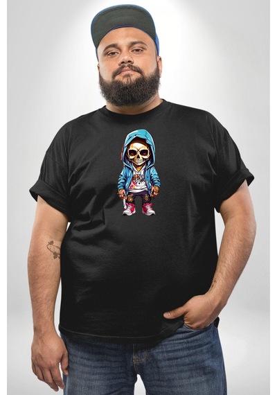 Angemiel Hiphop Kurukafa Hoodie Siyah Büyük Beden Erkek Kadın Unisex Basic Ön Baskılı Tişört Siyah