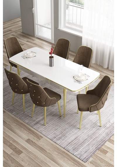 Canisa Tia Serisi 80x132 Açılabilir Mdf Mutfak Masası Takımı Beyaz Masa Gold Detay 6 Kahverengi Sandalye Masa Beyaz Sandalye Kahve Canisa Tia Serisi 80x132 Açılabilir Mdf Mutfak Masası Takımı Beyaz Masa Gold Detay 6 Kahverengi Sandalye Masa Beyaz Sandalye Kahve