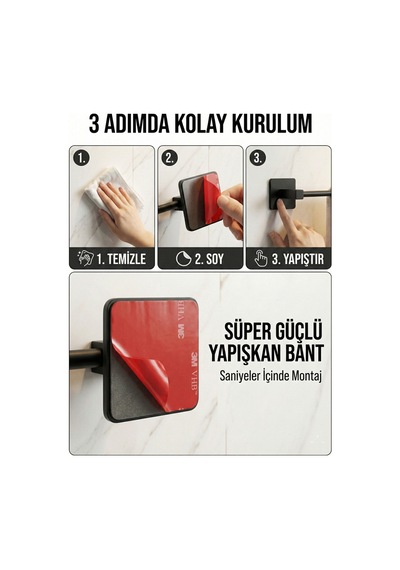 Yapışkanlı Siyah Paslanmaz Metal Banyo Havluluk 38 Cm - Modern Havlu Askısı Siyah Diğer