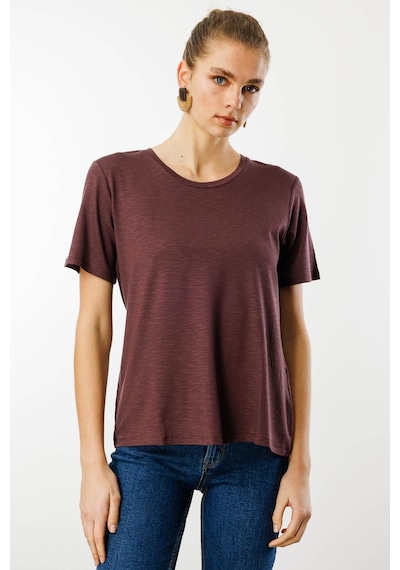 Kadın Sıfır Yaka Flamlı Kumaş Penye Tshirt Kahve Kahve