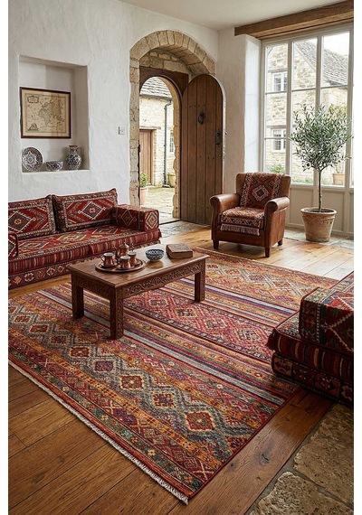 Etnik Kilim Desenli Pamuk Taban Yıkanabilir Baskılı Dekoratif Halı Kırmızı