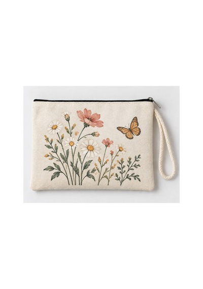 Kelebekli Kır Çiçekleri Baskılı Fermuarlı Makyaj Çantası Bozuk Para Cüzdanı Clutch Model 01303