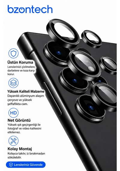 Samsung Galaxy S25 Ultra Uyumlu Kamera Lens Koruyucu Siyah