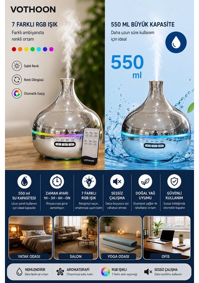 Gümüş Vazo Model Rgb Işıklı Hava Nemlendirici & Aromaterapi Difüzör 550 Ml Kumandalı Diğer