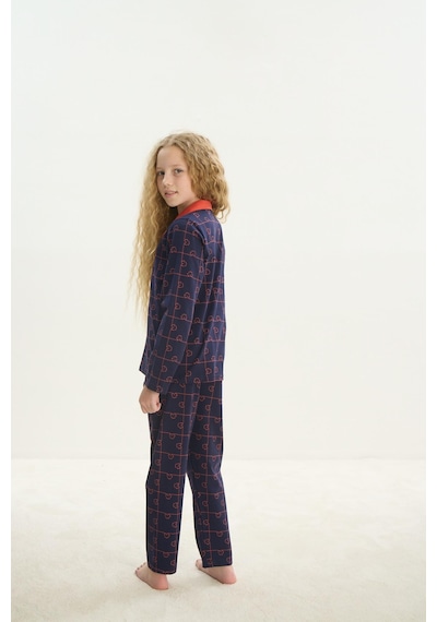 Sevim Kız Çocuk Uzun Kol Gömlek Yaka Önden Düğmeli Lacivert Pijama Takım C0t1n7o8 001