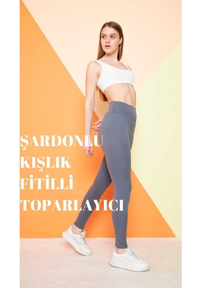 Thiff Gymwear Haki Yüksek Bel Fitilli Toparlayıcı İnterlok Örme Şardonlu Spor Kışlık Tayt Antrasit