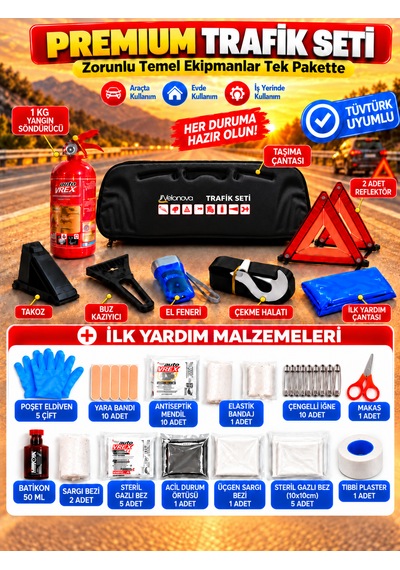 Trafik Ve İlk Yardım Seti Tüvtürk Muayene Uyumlu Ce Belgeli Abc 1kg Yangın Söndürücü Ve E Belgeli Reflektör-siyah