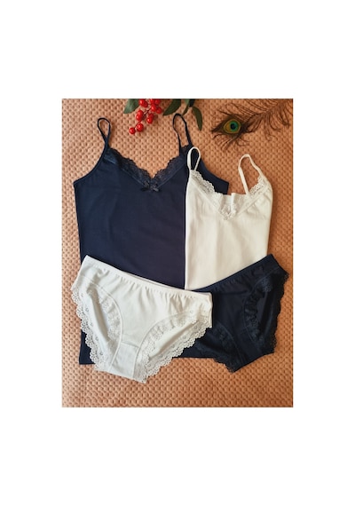 Demirsa Boutique Pamuklu, İp Askılı Dantel Detaylı 2'li Atlet Külot Takım Lacivert Ve Beyaz Renk Lacivert Demirsa Boutique Pamuklu, İp Askılı Dantel Detaylı 2'li Atlet Külot Takım Lacivert Ve Beyaz Renk Lacivert
