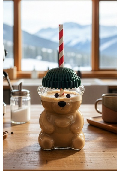 Snippy Bear - Cam Ayıcık Bardak Pipetli Kahve Bardağı Barista İçecek Bardağı 550 Ml Şeffaf