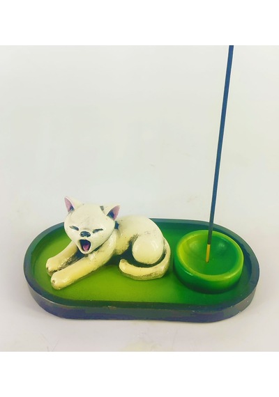 Uykucu Kedi Çubuk Tütsülük Ve Tealight Beyaz