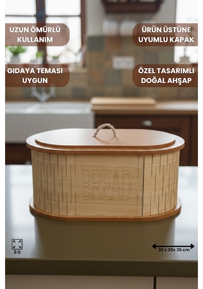Geleneksel Tasarım Kapaklı Büyük Ekmeklik Oval Ahşap Ekmek Sepeti Akça Desenli Çok Renkli