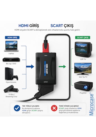 Microcase Hdmı To Scart Dönüştürücü 1080p Adaptör Güç Adaptörlü Çevirici Al5747 Siyah