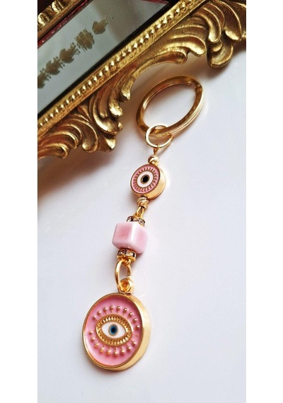Hediyelik 5'li Zirkon Taşlı Nazar Boncuklu Pembe Şık Anahtarlık 10,5 Cm