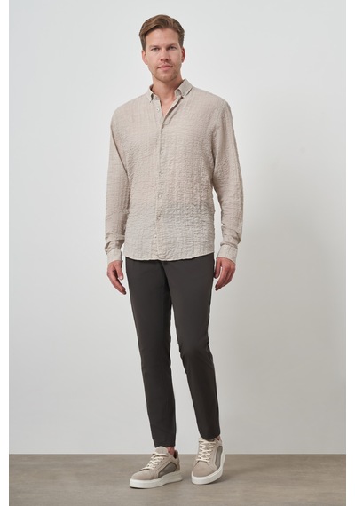 Morven Erkek Bej Pamuk Trend Slim Fit Düğmeli Yaka Gömlek 25ys004011653 Bej