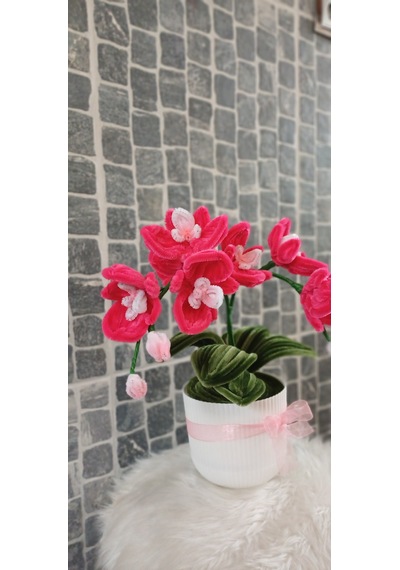 Yapay Saksılı Çiçek - Saksılı Orkide - Hediye Çiçek, Anneler Günü, Doğum Günü Çiçeği -35 Cm Fuşya