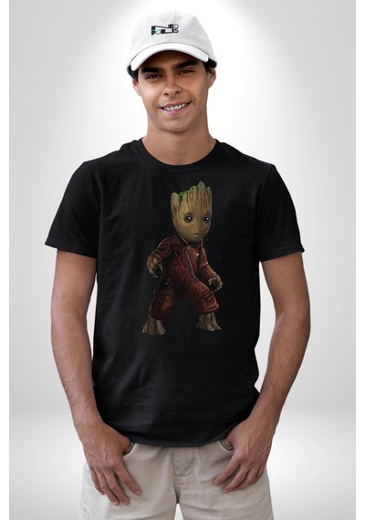 Bebek Groot Guardians Galaxy Unisex Unisex Siyah Organik Baskılı T-shirt Penye Yüksek Kalite Siyah