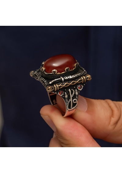 Oval Akik Taşlı Elifvav 925 Ayar Gümüş Yüzük Gümüş