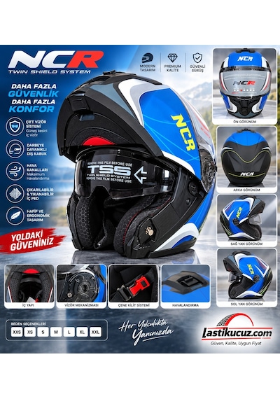 Ncr-166e Çene Açılır Gözlüklü Ece 22-06 Belgeli Kask Mavi Grafik