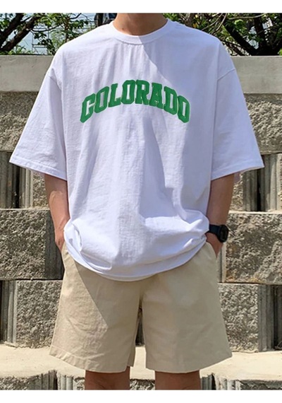 Flood Of Style Erkek Beyaz Colorado Baskılı Bisiklet Yaka Tshirt