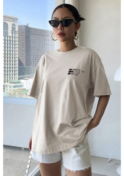 Unisex Cherish Time Effect Dream Baskılı Tasarım Tshirt Bej