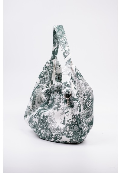 Fabric Craft Bag Omuz Çantası Yeşil Desenli Duck Kumaş Astarlı Fermuarlı 60x32 Cm Yeşil - Beyaz