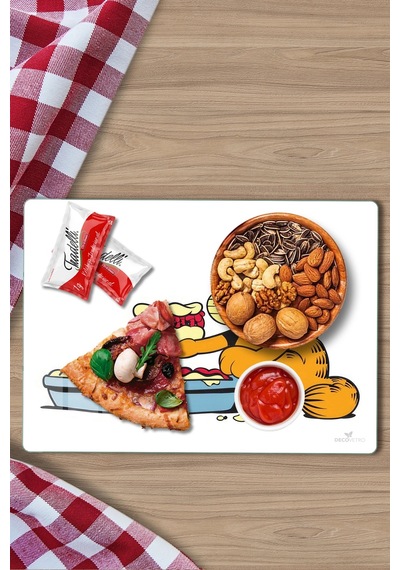 Garfield Lazanya Desenli Cam Kesme Tahtası Ve Sunumluk 25 X 35 Cm Çok Renkli