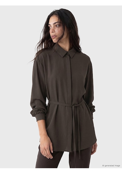 Lcw Modest Kahverengi Beli Kuşaklı Kadın Gömlek Tunik