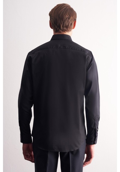 İmza Siyah Yarım İtalyan Yaka Uzun Kol Premium Slim Fit Pamuklu Gömlek 1004255198 Siyah