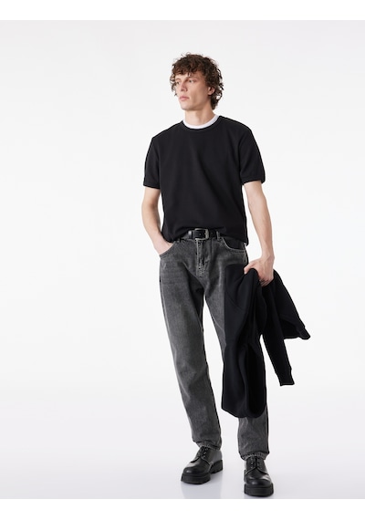 Koton Kısa Kollu Biyeli Pamuklu Tok Kumaş Bisiklet Yaka Slim Fit Tişört Siyah 6sam10278mk