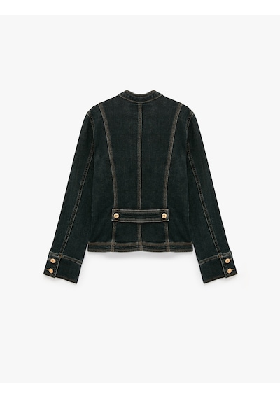 Koton Cepli Omuz Apoletli Pamuklu Düğmeli Dik Yaka Denim Ceket Koyu İndigo 7wal50021md