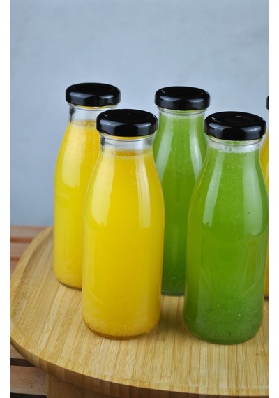 5 Adet Cam Şişe Meyve Suyu Ayran Detoks Şişesi 250 Ml Siyah Metal Kapaklı Şişe