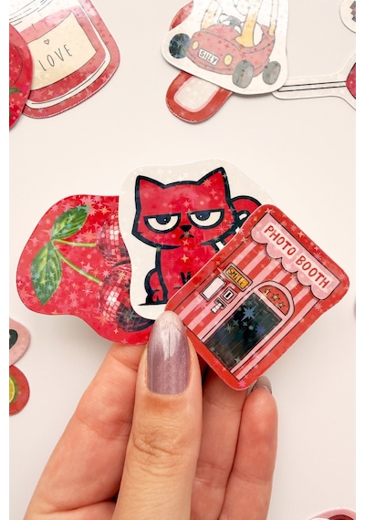 Kırmızı Renk Temalı Hologram Stickerlar 21 Adet Sticker Paketi Suya Dayanıklı Laptop Termos Telefon Etiket Seti