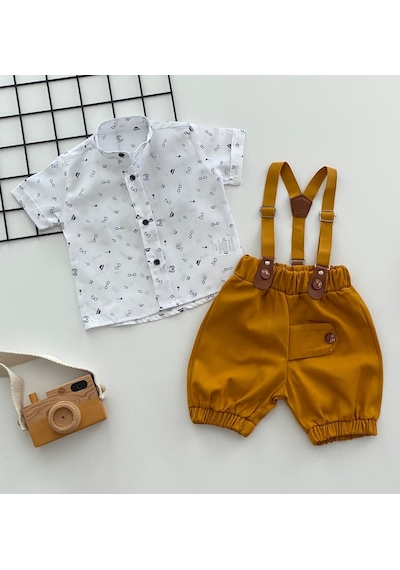 Murat Baby Yalmanlıbebe Neşeli Bebeklerimize Gözlük Desen Hakim Yaka Pantolon Askılı Kısa (548622962) Beyaz - Sarı