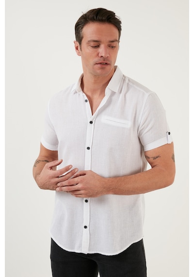 Buratti % 100 Pamuk Keten Görünümlü Slim Fit Kısa Kollu Erkek Gömlek Cf21S111766 Beyaz