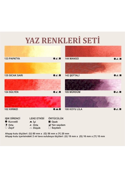 Şemse El Yapımı Yarım Tava Taş Suluboya Seti Yaz Renkleri 8'li