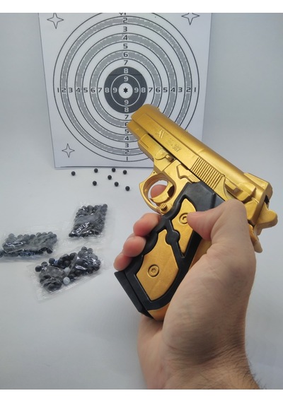 Boncuklu Tabanca Altın  Renk - 5 Paket Boncuk ve Hedef Kağıdı